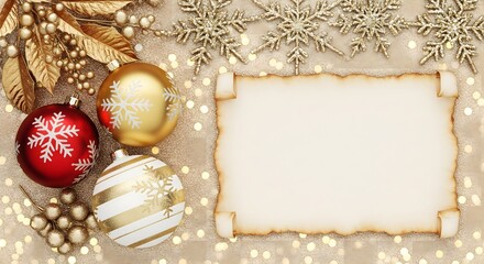 Festive Christmas background with gold snowflakes, shiny baubles in red, gold, and white, ornate leaves and berries, glowing lights, and blank parchment card for greetings or invitations.

