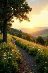 Serene Sunset Path Through Vibrant Wildflower Meadow and Rolling Hills