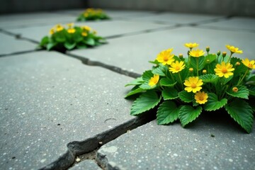 Resilient Yellow Flowers Blooming Through Cracked Pavement, a Symbol of Nature's Perseverance