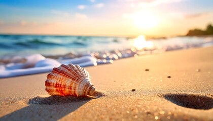 Obraz premium A seashell on sandy beach with gentle waves and sunlit horizon