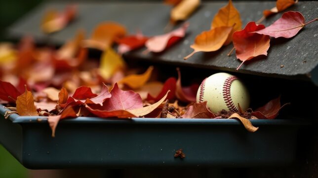 Autumnal Baseball Discovery A lone baseball rests nestled amongst vibrant fall leaves within a dark gutter, a poignant image of seasonal transition and the quiet end of summer - Powered by Adobe