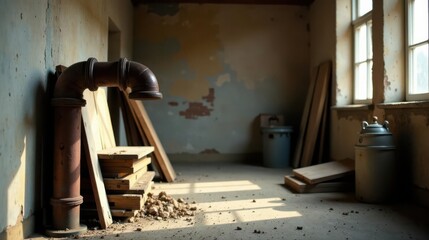 Rustic interior scene featuring an aged metal pipe, stacked lumber, and a weathered container, bathed in sunlight streaming through aged windows, capturing the essence of forgotten spaces