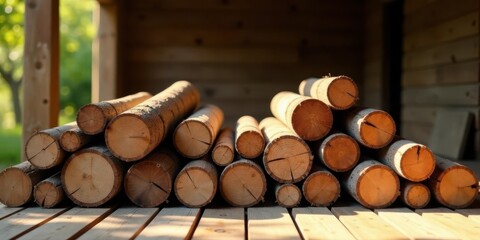 Neatly Stacked Timber Logs Resting on Wooden Deck in Sunlight