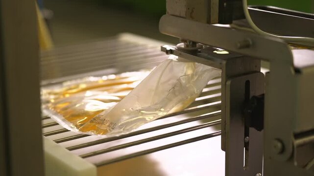 Close-up of automated packaging machine filling and sealing a plastic pouch with fresh apple juice during industrial production in a food processing facility.
