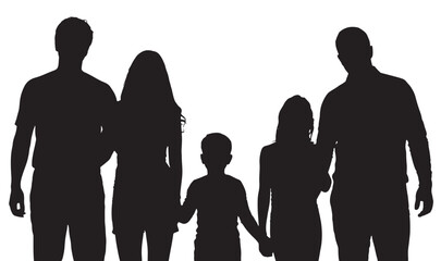 Diverse family silhouette holding hands, symbolizing unity and togetherness against a bright background.