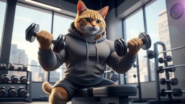 Humorous cat lifting weights in modern gym shows dedication to fitness goals