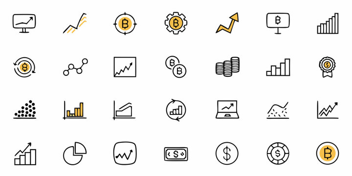 Modern digital finance icons showcasing Bitcoin, dollar growth, and investment strategies for financial success, ideal for websites and presentations about cryptocurrency