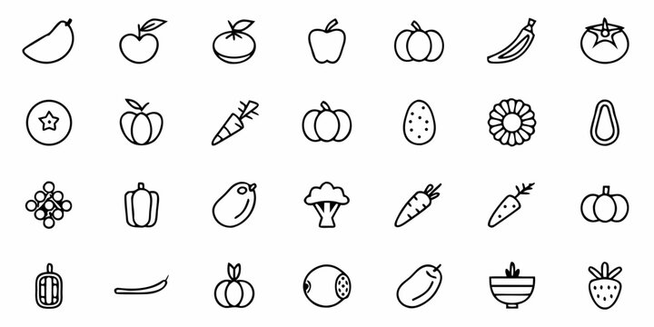 Fresh produce icons ready for your design needs, a minimalist collection of fruits and vegetables perfect for menus, recipes, or health-conscious projects, simple and clean