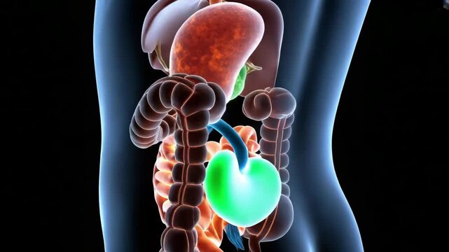 Watch the human digestive system come alive with vibrant 3D animation and details