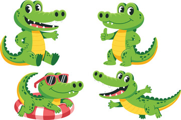 Four Cute Cartoon Alligators In Various Poses On White Background crocodile reptile