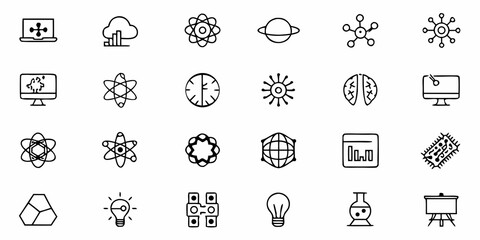 Explore groundbreaking science through these minimalist icons perfect for innovative design, scientific presentations, educational materials, and advanced research projects