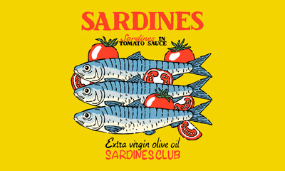 Retro artwork of sardines in tomato sauce. Vintage illustration for tinned fish packaging, seafood poster, t shirt print