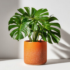 Monstera plant with large green leaves orange pot white surface