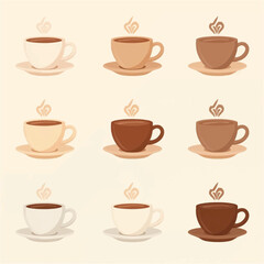 Obraz premium Nine cups of coffee with steam on saucers are carefully arranged for a cozy coffee shop menu or caffeinerelated marketing materials.
