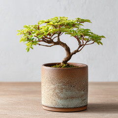 Bonsai tree with green leaves in ceramic pot on wooden surface