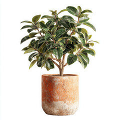 Ficus plant with green leaves in rustic terracotta pot