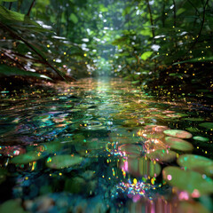 Magical forest stream with glowing light reflections and lush