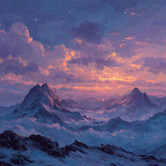 Mountain landscape with colorful sunset and starry sky