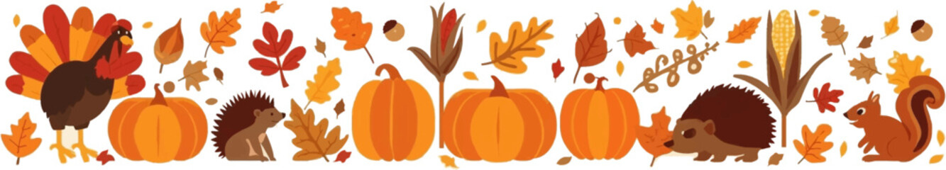 Fototapeta premium Festive autumn scene featuring leaves, pumpkins, and animals is perfect for fallthemed design projects, seasonal marketing materials, and autumn decor.