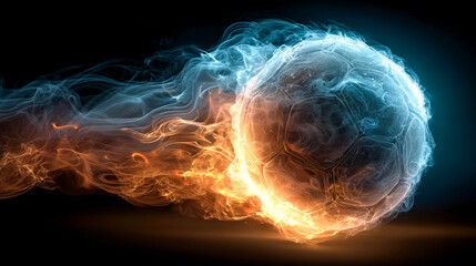 Fiery soccer ball glowing flame blue smoke dynamic motion energy heat speed dramatic light sports abstract art surges forward with swirling trails intense contrast action packed powerful vibe