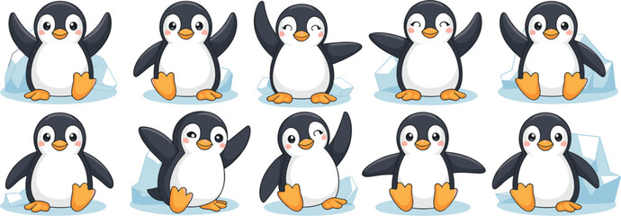 Ten Cute Cartoon Penguins Waving and Sitting on Ice animal