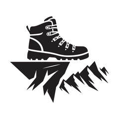 Hiking boots on mountain ledge vector silhouette sketch art logo illustration