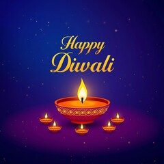A vibrant and festive diwali greeting featuring a central illuminated diya surrounded by smaller diyas against a deep blue and purple starry background