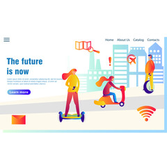 Diverse People Enjoying Futuristic Urban Mobility on Hoverboards Scooters and Electric Unicycles in a Vibrant Cityscape with Colorful Buildings and Abstract 