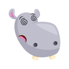 Dizzy cartoon hippo character with swirling eyes and a sad expression on transparent background