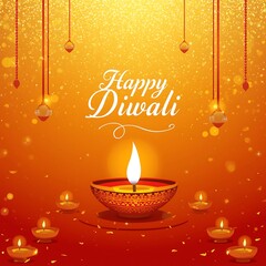 Brightly lit traditional indian diya oil lamp glowing warmly on a festive orange and gold textured background celebrating happy diwali