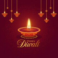 Illuminated diya lamp with hanging lanterns and golden happy diwali text on a deep red background