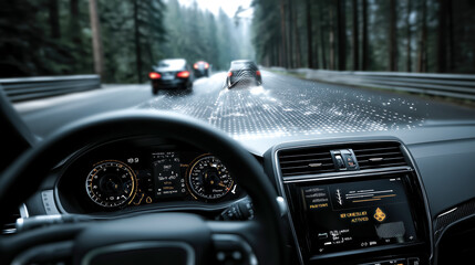 Autonomous electric car dashboard ai driving assistant interface hud navigation Serene forest highway drive with autonomous electric car dashboard ai driving assistant interface futuristic hud