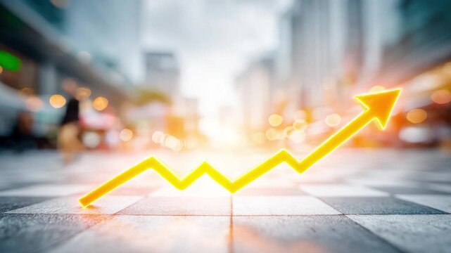 Market Momentum: A vibrant golden arrow ascends diagonally across a blurred cityscape, symbolizing growth and success in the financial market, representing momentum.