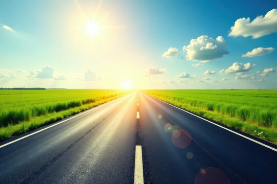 Asphalt Road Leading to a Bright Sunny Horizon Across a Verdant Meadow