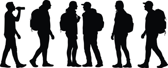 Silhouettes of people with backpacks, standing and walking, outdoor travel activity, group interaction, hiking lifestyle, adventure journey, tourism concept, leisure exploration