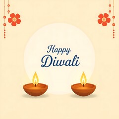 Festive happy diwali greeting card with two lit clay diyas and floral decorations on a soft cream background