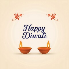 Festive happy diwali greeting card design featuring two lit clay diyas and decorative floral elements on a soft cream background