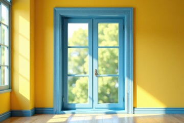 Fototapeta premium Bright Yellow Walls and a Light Blue Window Frame A Sunlit Interior Design Concept