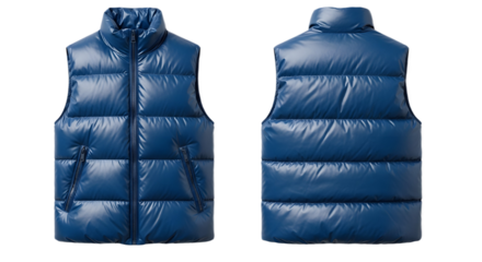 Blue Puffer Vest with Zippered Side Pockets Front and Back View Stylish Warm Layer for Outdoor Adventures and City Commutes, png