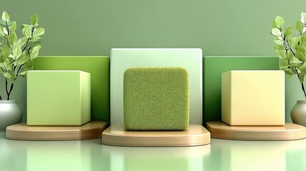 Geometric shapes on platforms, green themed studio shot. Perfect for showcasing beauty or product displays in minimalist style.