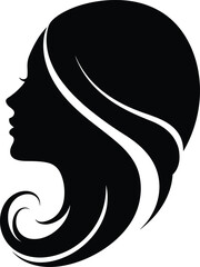 Elegant Woman Silhouette with Long Wavy Hair, Beauty Concept Illustration, Feminine Profile, Black and White Vector Design, Hair Icon
