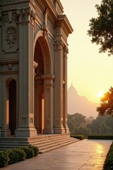 Obraz premium Grand Classical Architecture at Sunrise Stone Steps Leading to Majestic Archway with Ornate Details and Distant Hillside Vista
