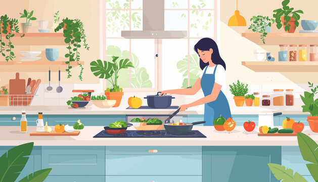 Woman cooking healthy meal in bright kitchen - Powered by Adobe