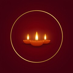 Three lit oil lamps or diyas arranged in a circular pattern within a golden ring on a deep red background