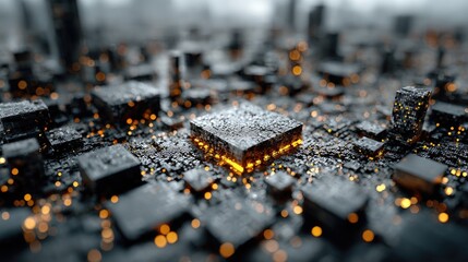 A detailed abstract circuit board with glowing lights, city scape backdrop. Tech illustration representing data flow, perfect for web banner.