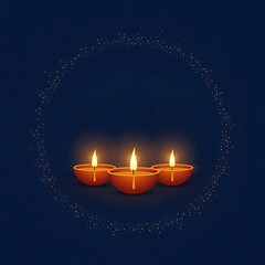 Three lit oil lamps arranged in a circle with a decorative border on a dark blue background symbolizing celebration and tradition