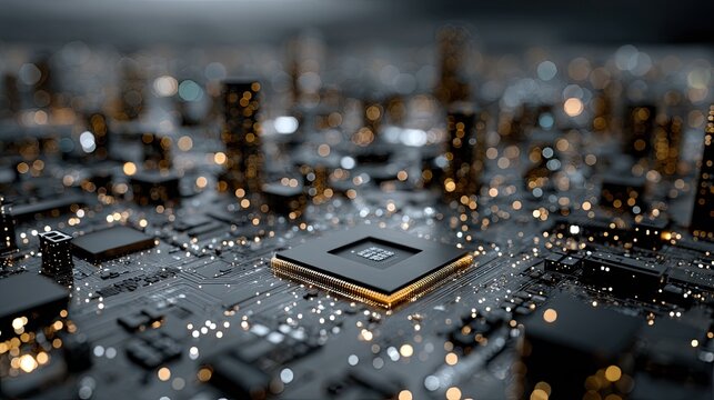 Close-up of a computer chip, gold contacts, and motherboard with blurred background. Use to visualize technology, innovation, and the digital age in web designs.