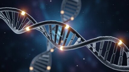 Abstract dna double helix structure with glowing points, representing genetic information, biotechnology, and scientific research on a dark blue background - Powered by Adobe