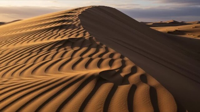 Golden sand dune with ripple pattern under a cloudy sky, showcasing the beauty of nature and the desert landscape at sunset with warm light