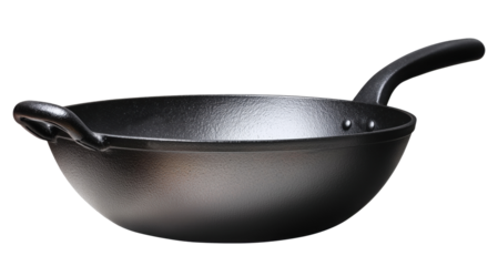 Spacious black wok with dual side handles, isolated on transparent background